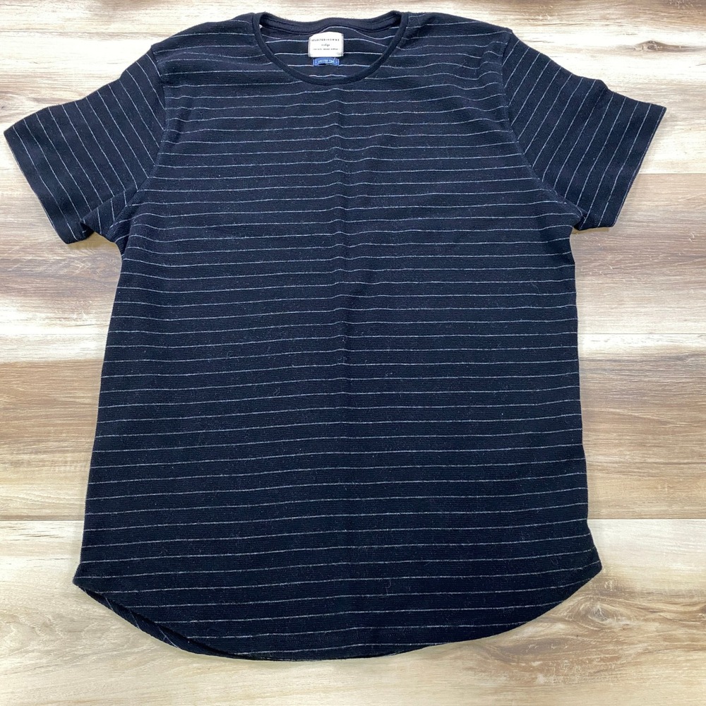 Selected Homme Indigo Tee Mens Large Striped Cotton Knit Curved Hem Black
